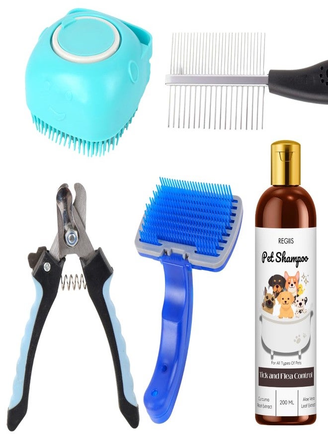 REGIIS Pet Grooming Kit with Shampoo, 5-Piece Set, Includes Brushes, Nail Clipper, Comb, Tick and Flea Control Formula, 200ml(5 PACK) - Image 1